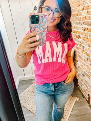 Mama Ribbed Lettering Top- Pink