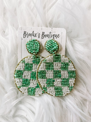 
            
                Load image into Gallery viewer, Mint Checkered Seed Bead Earrings
            
        