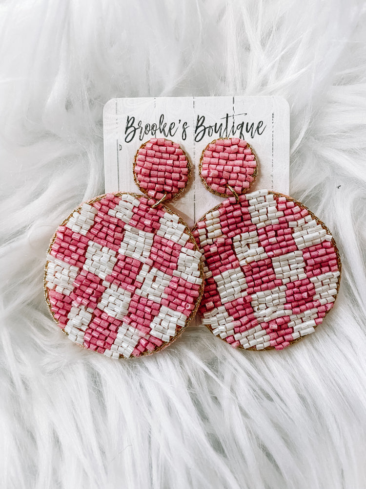 Pink Checkered Seed Bead Earrings